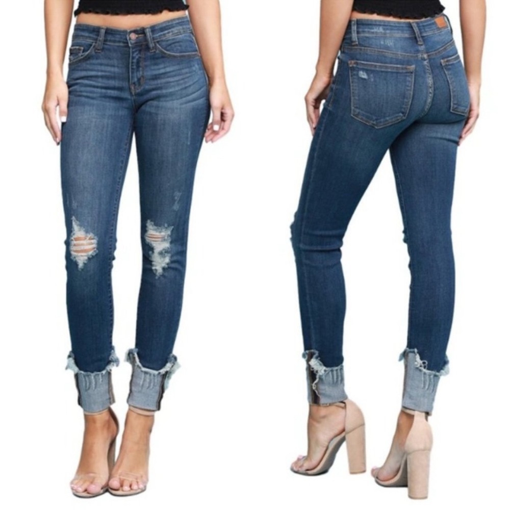 Judy Blue Serina Distressed Skinny‎ Fit Mid-Rise Cuffed Blue Denim Jeans 9/29